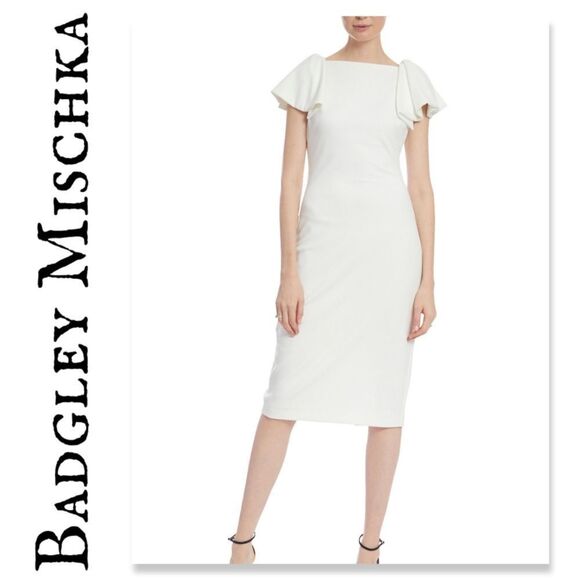 NWT Bagdley Mischka Flutter Sleeve Pencil Dress - Light Ivory - Picture 1 of 8